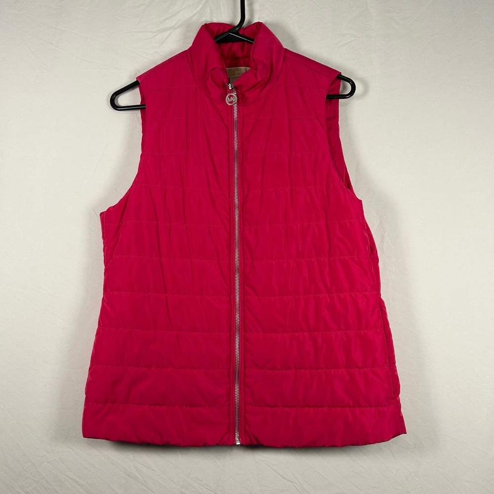 Michael‎ Kors Puffer Vest Women Medium Pink Quilted Full Zip MK Logo Pull